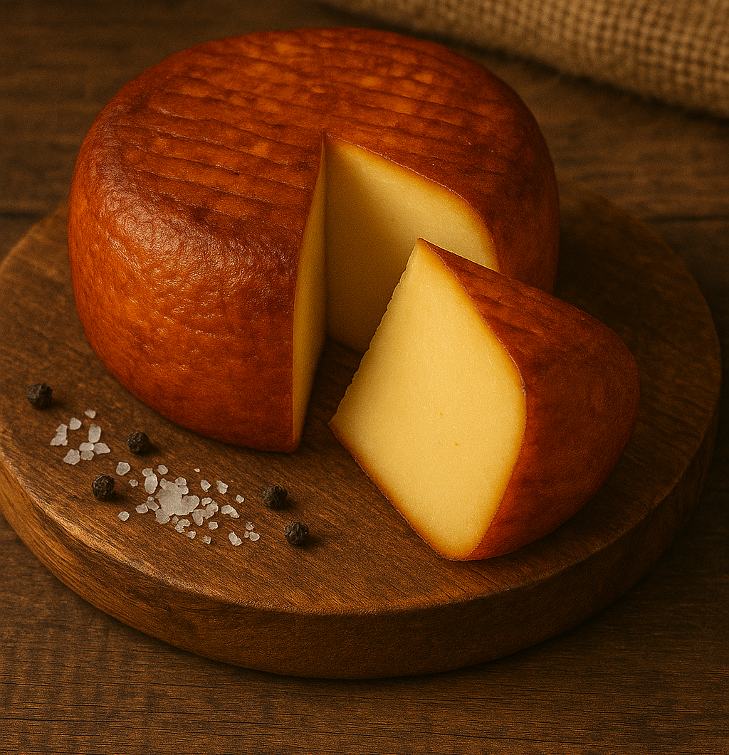 Queijo colonial defumado cortado sobre uma tábua